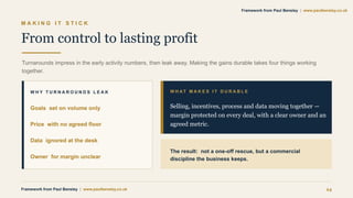 M A K I N G I T S T I C K
From control to lasting profit
Turnarounds impress in the early activity numbers, then leak away. Making the gains durable takes four things working
together.
W H Y T U R N A R O U N D S L E A K
Goals set on volume only
Price with no agreed floor
Data ignored at the desk
Owner for margin unclear
W H AT M A K E S I T D U R A B L E
Selling, incentives, process and data moving together —
margin protected on every deal, with a clear owner and an
agreed metric.
The result: not a one-off rescue, but a commercial
discipline the business keeps.
Framework from Paul Bensley | www.paulbensley.co.uk 24
Framework from Paul Bensley | www.paulbensley.co.uk
 
