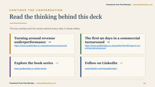 C O N T I N U E T H E C O N V E R S A T I O N
Read the thinking behind this deck
The two articles and the series behind every idea in these slides.
Turning around revenue
underperformance →
https://www.paulbensley.co.uk/post/revenue-turnaround
The first 90 days in a commercial
turnaround →
https://www.paulbensley.co.uk/post/the-first-90-days-in-a-c
ommercial-turnaround
Explore the book series →
www.paulbensley.co.uk/the-series
Follow on LinkedIn →
www.linkedin.com/in/paulbensley1
Framework from Paul Bensley | www.paulbensley.co.uk 25
Framework from Paul Bensley | www.paulbensley.co.uk
 