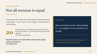 T H E S T A K E S
Not all revenue is equal
Turnarounds often reveal that a large share of reported revenue
is low quality — won on price, thin on margin, or concentrated in
too few hands.
20
Know your top 20 customers by revenue and your top
20 by gross margin. In a turnaround, they are rarely the
same list.
The revenue-quality gap
Reported revenue can look healthy while margin quietly
erodes underneath it.
The hidden risk
T H E S H I F T
Stop counting revenue. Start grading
it — by margin, by concentration, by
quality.
Volume flatters the top line. Margin and
concentration tell you the truth.
Framework from Paul Bensley | www.paulbensley.co.uk 08
Framework from Paul Bensley | www.paulbensley.co.uk
 