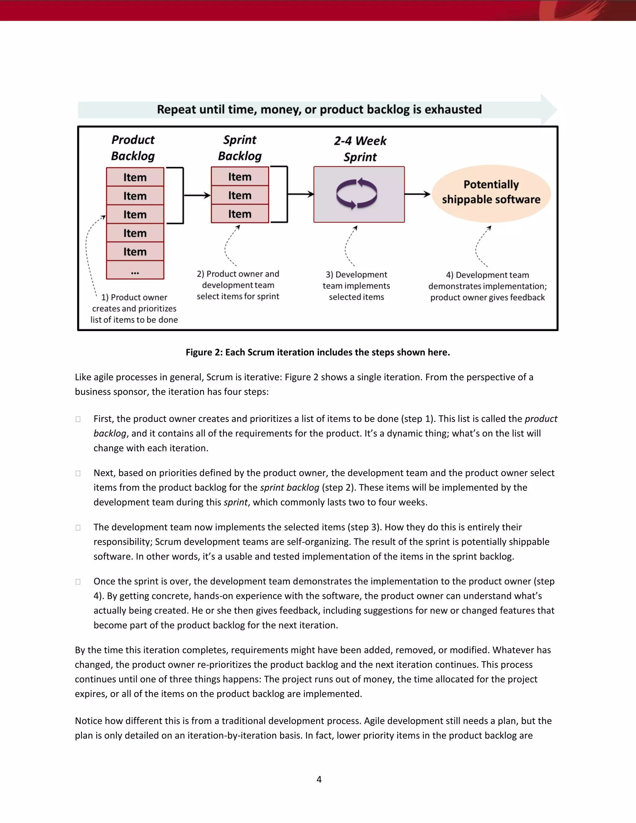 Figure 2: Each Scrum iteration includes the steps shown here.

Like agile processes in general, Scrum is iterative: Figure 2 shows a single iteration. From the perspective of a
business sponsor, the iteration has four steps:

    First, the product owner creates and prioritizes a list of items to be done (step 1). This list is called the product
    backlog, and it contains all of the requirements for the product. It’s a dynamic thing; what’s on the list will
    change with each iteration.

    Next, based on priorities defined by the product owner, the development team and the product owner select
    items from the product backlog for the sprint backlog (step 2). These items will be implemented by the
    development team during this sprint, which commonly lasts two to four weeks.

    The development team now implements the selected items (step 3). How they do this is entirely their
    responsibility; Scrum development teams are self-organizing. The result of the sprint is potentially shippable
    software. In other words, it’s a usable and tested implementation of the items in the sprint backlog.

    Once the sprint is over, the development team demonstrates the implementation to the product owner (step
    4). By getting concrete, hands-on experience with the software, the product owner can understand what’s
    actually being created. He or she then gives feedback, including suggestions for new or changed features that
    become part of the product backlog for the next iteration.

By the time this iteration completes, requirements might have been added, removed, or modified. Whatever has
changed, the product owner re-prioritizes the product backlog and the next iteration continues. This process
continues until one of three things happens: The project runs out of money, the time allocated for the project
expires, or all of the items on the product backlog are implemented.

Notice how different this is from a traditional development process. Agile development still needs a plan, but the
plan is only detailed on an iteration-by-iteration basis. In fact, lower priority items in the product backlog are



                                                            4
 