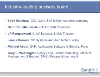 Industry-leading advisory board

• Toby Redshaw CIO, Aviva, $90 Billion Insurance company

• Daru Darukhanawala CTO, Briti...
