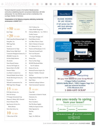 anniversaries
The key to long-term success in the Southern Nevada business
community is establishing long-term and personal relationships with other
professionals. The most effective way to do that is membership in the
Las Vegas Chamber of Commerce.

Congratulations to the following companies celebrating membership                              Duane Morris                       For more information, please contact:
                                                                                                                                     DoMinica c. anDerson
anniversaries in AUGUST 2011.                                                                   in Las Vegas:                           Managing Partner
                                                                                              a full service law firm                      Duane Morris LLP
                                                                                                                                   100 North City Parkway, Suite 1560
                                                                                               with local attorneys
   +50
                                              A & A Uniforms, Inc.                                                                       Las Vegas, NV 89106

                    yEarS                     Caldera Wealth Management
                                                                                                and global reach.                           P: 415.957.3179
                                                                                                                                     dcanderson@duanemorris.com
   Jones Vargas                          58   Chermac Builders, Inc. - Lic. # 9401-A
                                                                                                    www.duanemorris.com         Duane Morris LLP – A Delaware limited liability partnership




   +20 yEarS
                                              Cynthia Cameron
                                              Direct Equity Mortgage, LLC
   Clark County Bar & Restaurant Supply 35    Frank Melaerts Jewelers
   Ewing Bros., Inc.                     35   Law Office of Steven J. Karen                                                 Call for a free estimate.
   Wells Fargo Bank                      35   Mark A. Martinez & Associates                           Keeping             702 25-Shred | 702.257.4733
                                                                                                                                 shredit.com/lv
   Grove, Inc.                           33   N. S. Meinster & Co., Inc.                      your confidential
   Tuxedo Junction Las Vegas             31   Nannies and Housekeepers, U.S.A.                     information
   Bishop Gorman High School             28   Nationwide Actuarial Search
                                                                                                        secure.
   Construction Management Systems, Inc. 27   New Crete-Decorative
   Affordable Concepts, Inc.             26      Concrete Resurfacing
   For Rent Media Solutions              26   Premier Trust                                   LVCC Green Business
                                                                                                  of the Year
   The Jewelers                          25   Prime Cut Hair Design
   Desert Research Institute             24   RE/MAX Benchmark Realty-
   American Pool Supply, Inc.            22      Steve B. Anderson
   Battista’s Hole In The Wall           22   Ramsey & Son, Inc.
   Furniture Market                      22   Realwood Furniture Imports, Inc.
   Levy Realty Co.-Joanne Levy           22   Rhonda L. Mushkin, Chartered
   National Multiple Sclerosis Society   22   Sal’s Pizza
   Nevada Advertising & Events, Inc.     22   Schoppe Associate Developers - Lic. # 26108
   Fortunet, Inc.                        20   Sign-A-Rama
   McIntosh Communications, Inc.         20   Southwick Landscape Architects
   Wells Fargo Home Mortgage             20   Taylor International Corporation


   15         yEarS                           5        yEarS
   ECR Sales & Service, Inc.                  China Doll
   Heli USA Airways                           Communities in Schools of Nevada
   IT Strategies International Corp.          Datanamics, Inc.
   Maureen E. Mackey, MD, Chartered           First Select, Inc.                              are you ready to spring
   Ovist & Howard, CPAs                       Flavor Consultants
                                                                                                          from your lease?
   Sage Insurance Services, Inc.-             Hair Plus Beauty Supplies                       let us help you find the perfect location to enhance
      Robert Johnson                          Holiday Inn Express & Suites                                 the growth of your business!
   Stivers Auto Service, Inc.                 Huber Appraisal, Inc.                                relocation       expansion   representation


   10
                                              Pool Doc
              yEarS                           R.B.S.                                         Call 702.655.4115 today        for a F R E E consultation
   7-Eleven Store #27361                      Sang C. Yu, DMD Ltd.




                                                                              {LAS VEGAS CHAMBER OF COMMERCE}        AUGUST 2011 // BUSINESS VOICE                                     23
 
