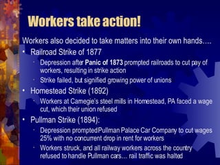 Knights of Labor v. AFL Founded by Samuel Gompers in 1886 National labor union Membership open to skilled workers only Goal: reform working conditions. Less concerned about reforming society Methods included strikes and boycotts Still around today Founded by Uriah Stephens in 1869 First national labor union Membership open to almost all workers.  Management, unskilled workers, women, blacks all welcome. Goal: reform working conditions and society at large  Methods included strikes and protests American Federation of Labor Knights of Labor  