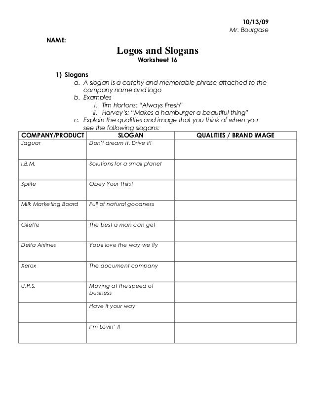 logos and slogans worksheet