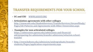 TRANSFER REQUIREMENTS FOR YOUR SCHOOL
• UC and CSU WWW.ASSIST.ORG
• Articulation agreements with other colleges
http://www...