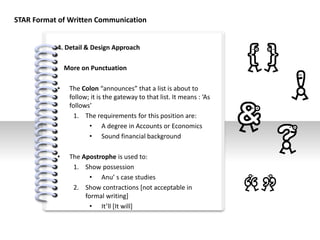#
4. Detail & Design Approach
More on Punctuation
• The Colon “announces” that a list is about to
follow; it is the gateway to that list. It means : ‘As
follows’
1. The requirements for this position are:
• A degree in Accounts or Economics
• Sound financial background
• The Apostrophe is used to:
1. Show possession
• Anu’ s case studies
2. Show contractions [not acceptable in
formal writing]
• It’ll [It will]
STAR Format of Written Communication
 