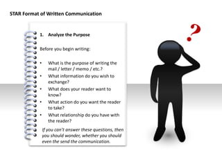 #
1. Analyze the Purpose
Before you begin writing:
• What is the purpose of writing the
mail / letter / memo / etc.?
• What information do you wish to
exchange?
• What does your reader want to
know?
• What action do you want the reader
to take?
• What relationship do you have with
the reader?
STAR Format of Written Communication
If you can’t answer these questions, then
you should wonder, whether you should
even the send the communication.
 
