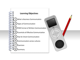 #
Learning Objectives
1
2
3
4
What is Business Communication
Types of Communication
STAR Format of Written Communication
Essentials of Effective Communication
SPIN INTERVIEW FRAMEWORK
5 Tips for Smart Communication
6 Communication across cultures
7 Exercises
8 Summary
 