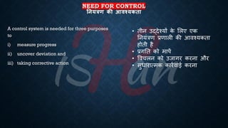 NEED FOR CONTROL
तनयंत्रण की आिश्यकता
A control system is needed for three purposes
to
i) measure progress
ii) uncover deviation and
iii) taking corrective action
• िीन उद्देश्यों क
े भलए एक
तनयंत्रण ्रबणाली की आवश्यकिा
होिी है
• ्रबगति को मापें
• ववचलन को उजागर करना और
• सुिारात्मक कारिवाई करना
 
