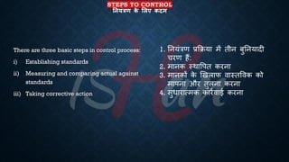 STEPS TO CONTROL
तनयंत्रण क
े लिए कदम
There are three basic steps in control process:
i) Establishing standards
ii) Measuring and comparing actual against
standards
iii) Taking corrective action
1. तनयंत्रण ्रबक्रिया में िीन ंुतनयादी
चरण हैं:
2. मानक स्थावपि करना
3. मानकों क
े खखलाफ वास्िववक को
मापना और िुलना करना
4. सुिारात्मक कारिवाई करना
 