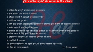 कृ षि आधाररत उद्योगों की स्थापना क
े लिए प्रक्रियाएं
1. वांतछि क्षेत्रों में कृ वि संसािन क्षमिा का आकलन।
2. कृ वि उत्पादन और आदानों की योग्यिा।
3. मौजूदा इकाइयों में संसािनों का वििमान उपयोग
4. अतिररक्ि उपज छ
ू ट गई।
5. कृ वि उपज संरक्षण आवश्यकिाएं। खाद्यान्नों की स्थानीय खपि क
े भलए िी ्रबसंस्करण आवश्यक है।
6. काफी महत्व की क
ु छ वस्िुओं का चयन।
7. संसािनों की ंंािदी से ंचने और मौजूदा ंुतनयादी ढांचे क
े अर्िकिम उपयोग क
े भलए इकाइयों क
े
वास्िववक स्थान क
े भलए क
ु छ दृष्ष्ट्टकोण का पालन करें।
8. औद्योर्गक लािदायक और व्यवहायििा अध्यययन की िैयारी
9. उद्यभमयों की पहचान।
10. उपयुक्ि ्रबौद्योर्गकी का सुझाव देना और उपयुक्ि ्रबभशक्षण ्रबदान करना।
11. ववत्त और अन्य समस्याएं। 12. ववपणन सहायिा
 