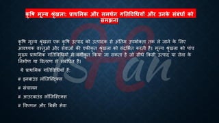कृ षि मूल्य श्ृंखिा: प्राथलमक और समथथन गततषिधधयों और उनक
े संबंधों को
समझना
कृ वि मूल्य श्ृंखला एक कृ वि उत्पाद को उत्पादक से अंतिम उपिोक्िा िक ले जाने क
े भलए
आवश्यक वस्िुओं और सेवाओं की एकीकृ ि श्ृंखला को संदभििि करिी है। मूल्य श्ृंखला को पांच
मुख्य ्रबाथभमक गतिववर्ियों में वगीकृ ि क्रकया जा सकिा है जो सीिे क्रकसी उत्पाद या सेवा क
े
तनमािण या वविरण से संंंर्िि हैं।
ये ्रबाथभमक गतिववर्ियााँ हैं:
# इनंाउंड लॉष्जष्स्टक्स
# संचालन
# आउटंाउंड लॉष्जष्स्टक्स
# ववपणन और बंिी सेवा
 