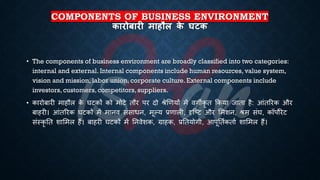 COMPONENTS OF BUSINESS ENVIRONMENT
कारोबारी माहौि क
े घटक
• The components of business environment are broadly classified into two categories:
internal and external. Internal components include human resources, value system,
vision and mission, labor union, corporate culture. External components include
investors, customers, competitors, suppliers.
• कारोंारी माहौल क
े घटकों को मोटे िौर पर दो श्ेखणयों में वगीकृ ि क्रकया जािा है: आंिररक और
ंाहरी। आंिररक घटकों में मानव संसािन, मूल्य ्रबणाली, दृष्ष्ट्ट और भमशन, श्म संघ, कॉपोरेट
संस्कृ ति शाभमल हैं। ंाहरी घटकों में तनवेशक, ग्राहक, ्रबतियोगी, आपूतििकिाि शाभमल हैं।
 