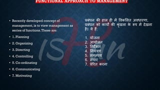 FUNCTIONAL APPROACH TO MANAGEMENT
• Recently developed concept of
management, is to view management as
series of functions.These are:
• 1. Planning
• 2. Organizing
• 3. Directing
• 4. Controlling
• 5. Co-ordinating
• 6. Communicating
• 7. Motivating
्रबंंिन की हाल ही में ववकभसि अविारणा,
्रबंंिन को कायों की श्ृंखला क
े रूप में देखना
है। ये हैं:
1. योजना
2. आयोजन
3. तनदेशन
4. तनयंत्रण
5. समन्वय
6. संचार
7. ्रबेररि करना
 