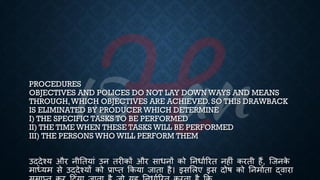 PROCEDURES
OBJECTIVES AND POLICES DO NOT LAY DOWN WAYS AND MEANS
THROUGH,WHICH OBJECTIVES ARE ACHIEVED. SO THIS DRAWBACK
IS ELIMINATED BY PRODUCER WHICH DETERMINE
I) THE SPECIFIC TASKS TO BE PERFORMED
II) THE TIME WHEN THESE TASKS WILL BE PERFORMED
III) THE PERSONS WHO WILL PERFORM THEM
उद्देश्य और नीतियां उन िरीकों और सािनों को तनिािररि नहीं करिी हैं, ष्जनक
े
माध्ययम से उद्देश्यों को ्रबाप्ि क्रकया जािा है। इसभलए इस दोि को तनमाििा द्वारा
 