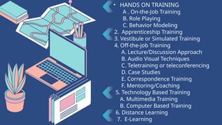 • HANDS ON TRAINING
A . On-the-Job Training
B. Role Playing
C. Behavior Modeling
2. Apprenticeship Training
3. Vestibule or Simulated Training
4. Off-the-job Training
A. Lecture/Discussion Approach
B. Audio Visual Techniques
C. Teletraining or teleconferencing
D. Case Studies
E. Correspondence Training
F. Mentoring/Coaching
5. Technology Based Training
A. Multimedia Training
B. Computer Based Training
6. Distance Learning
7. E-Learning
 