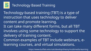Technology-based training (TBT) is a type of
instruction that uses technology to deliver
content and promote learning.
It can take many different forms, but all TBT
involves using some technology to support the
delivery of training content.
Common examples of TBT include webinars, e-
learning courses, and virtual simulations.
Technology Based Training
https://www.buffalo.edu/catt/develop/theory/multimedia-learning.
 