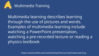 Multimedia Training
Multimedia learning describes learning
through the use of pictures and words.
Examples of multimedia learning include
watching a PowerPoint presentation,
watching a pre-recorded lecture or reading a
physics textbook
https://www.buffalo.edu/catt/develop/theory/multimedia-learning.
 