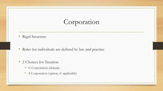 Corporation
• Rigid Structure
• Roles for individuals are defined by law and practice
• 2 Choices for Taxation
• C Corporation (default)
• S Corporation (option, if applicable)
 
