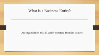 What is a Business Entity?
An organization that is legally separate from its owners
 
