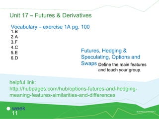 BUSINESS ENGLISH 2
11
week
1.B
2.A
3.F
4.C
5.E
6.D
Unit 17 – Futures & Derivatives
Vocabulary – exercise 1A pg. 100
helpful link:
http://hubpages.com/hub/options-futures-and-hedging-
meaning-features-similarities-and-differences
Define the main features
and teach your group.
Futures, Hedging &
Speculating, Options and
Swaps
 