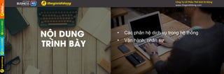 •  Các phân hệ dịch vụ trong hệ thống
•  Vận hành, nhân sự
Công	Ty	Cổ	Phần	Thế	Giới	Di	Động	
www.thegioididong.com	
NỘI DUNG
TRÌNH BÀY
 