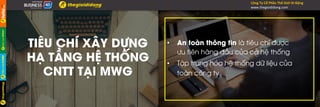 •  An toàn thông tin là tiêu chí được
ưu tiên hàng đầu của cả hệ thống
•  Tập trung hóa hệ thống dữ liệu của
toàn công ty
TIÊU CHÍ XÂY DỰNG
HẠ TẦNG HỆ THỐNG
CNTT TẠI MWG
Công	Ty	Cổ	Phần	Thế	Giới	Di	Động	
www.thegioididong.com	
 