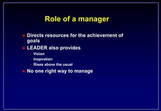 Role of a manager
 Directs resources for the achievement of
goals
 LEADER also provides
– Vision
– Inspiration
– Rises a...