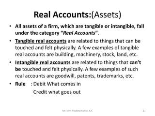 Real Accounts:(Assets)
• All assets of a firm, which are tangible or intangible, fall
under the category “Real Accounts“.
...