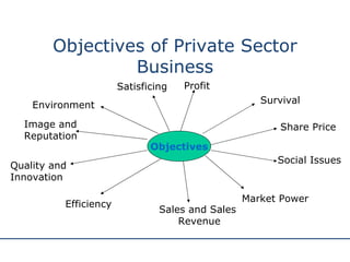Objectives of Private Sector Business Objectives Profit Survival Share Price Market Power Sales and Sales Revenue Efficiency Quality and  Innovation Image and  Reputation Environment Satisficing Social Issues 