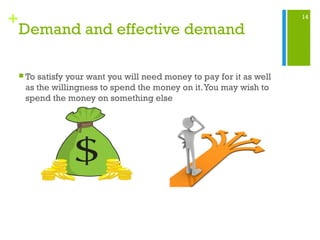 14
+
Demand and effective demand
 To satisfy your want you will need money to pay for it as well
as the willingness to spend the money on it.You may wish to
spend the money on something else
 