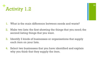 24
+
Activity 1.2
1. What is the main difference between needs and wants?
2. Make two lists: the first showing the things that you need; the
second listing things that you want.
3. Identify 3 kinds of businesses or organisations that supply
each item on your lists.
4. Select two businesses that you have identified and explain
why you think that they supply the item.
 