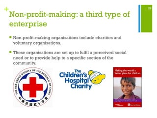 29
+
Non-profit-making: a third type of
enterprise
 Non-profit-making organisations include charities and
voluntary organisations.
 These organisations are set up to fulfil a perceived social
need or to provide help to a specific section of the
community.
 