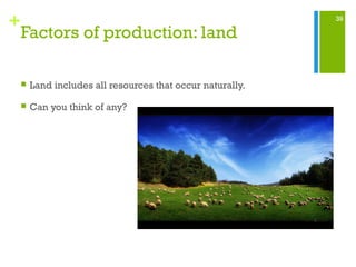 39
+
Factors of production: land
 Land includes all resources that occur naturally.
 Can you think of any?
 