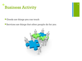 6
+
Business Activity
 Goods are things you can touch
 Services are things that other people do for you
 