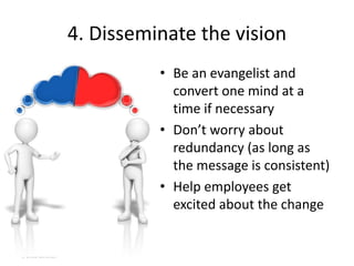 3. Create a powerful vision
• Create a shared need. Do employees:
– See the reason for change?
– Understand why the change is important?
– See how it will help the business in the short-and
long-term?
– See how it will help them in the short- and long-
term?
© Linda Gorchels
 