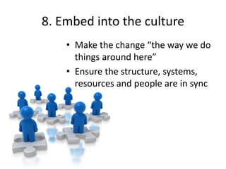 7. Reinforce the direction
• Don’t allow short wins
to lull people into
complacency and lose
sight of the bigger
picture
• On the other hand,
don’t resort to endless
meetings
© Linda Gorchels
 