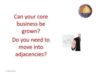 Grow From The Core
• Strengthen and grow your core business
– Profit from the Core (Chris Zook)
– Beyond the Core (Chris Zook)
• Leverage core competencies
– Competing for the Future (Gary Hamel & C.K. Prahalad)
• Move toward BHAGs that build on core ideologies
– Built to Last (James Collins & Jerry Porras)
– The Soul of the Corporation (Hamid Bouchikhi & John
Kimberly)
© Linda Gorchels
 