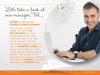 AFTER HE COMPLETED
BUSINESS ACUMEN TRAINING:
Ted’s no longer averse to
change. He’s able to SEE
NEW PROCESSES that affect
his department in the context
of how they support and align
with the company’s financial
and strategic objectives. He is now
able to CONFIDENTLY DEFINE and
use common financial terms, and
explain department/team goals in
relation to the numbers. He can
communicate the company’s strategies
effectively and ENGAGE and enlist his
department in ACHIEVING them.
© 2014 Paradigm Learning, Inc. ParadigmLearning.com
Let’s take a look at
our manager,Ted...
 