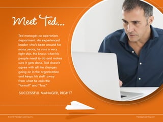 Meet Ted...
Ted manages an operations
department. An experienced
leader who’s been around for
many years, he runs a very
tight ship. He knows what his
people need to do and makes
sure it gets done. Ted doesn’t
agree with all the changes
going on in the organization
and keeps his staff away
from what he calls the
“turmoil” and “fuss.”
SUCCESSFUL MANAGER, RIGHT?
© 2014 Paradigm Learning, Inc. ParadigmLearning.com
 