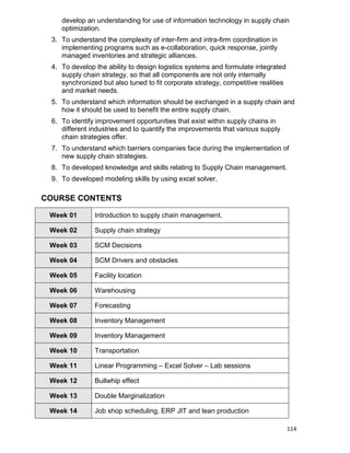 114
develop an understanding for use of information technology in supply chain
optimization.
3. To understand the complexity of inter-firm and intra-firm coordination in
implementing programs such as e-collaboration, quick response, jointly
managed inventories and strategic alliances.
4. To develop the ability to design logistics systems and formulate integrated
supply chain strategy, so that all components are not only internally
synchronized but also tuned to fit corporate strategy, competitive realities
and market needs.
5. To understand which information should be exchanged in a supply chain and
how it should be used to benefit the entire supply chain.
6. To identify improvement opportunities that exist within supply chains in
different industries and to quantify the improvements that various supply
chain strategies offer.
7. To understand which barriers companies face during the implementation of
new supply chain strategies.
8. To developed knowledge and skills relating to Supply Chain management.
9. To developed modeling skills by using excel solver.
COURSE CONTENTS
Week 01 Introduction to supply chain management.
Week 02 Supply chain strategy
Week 03 SCM Decisions
Week 04 SCM Drivers and obstacles
Week 05 Facility location
Week 06 Warehousing
Week 07 Forecasting
Week 08 Inventory Management
Week 09 Inventory Management
Week 10 Transportation
Week 11 Linear Programming – Excel Solver – Lab sessions
Week 12 Bullwhip effect
Week 13 Double Marginalization
Week 14 Job shop scheduling, ERP JIT and lean production
 