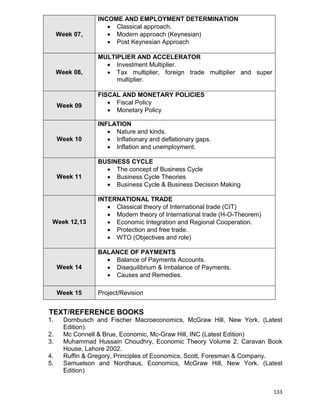 133
Week 07,
INCOME AND EMPLOYMENT DETERMINATION
 Classical approach.
 Modern approach (Keynesian)
 Post Keynesian Approach
Week 08,
MULTIPLIER AND ACCELERATOR
 Investment Multiplier.
 Tax multiplier, foreign trade multiplier and super
multiplier.
Week 09
FISCAL AND MONETARY POLICIES
 Fiscal Policy
 Monetary Policy
Week 10
INFLATION
 Nature and kinds.
 Inflationary and deflationary gaps.
 Inflation and unemployment.
Week 11
BUSINESS CYCLE
 The concept of Business Cycle
 Business Cycle Theories
 Business Cycle & Business Decision Making
Week 12,13
INTERNATIONAL TRADE
 Classical theory of International trade (CIT)
 Modern theory of International trade (H-O-Theorem)
 Economic Integration and Regional Cooperation.
 Protection and free trade.
 WTO (Objectives and role)
Week 14
BALANCE OF PAYMENTS
 Balance of Payments Accounts.
 Disequilibrium & Imbalance of Payments.
 Causes and Remedies.
Week 15 Project/Revision
TEXT/REFERENCE BOOKS
1. Dornbusch and Fischer Macroeconomics, McGraw Hill, New York. (Latest
Edition).
2. Mc Connell & Brue, Economic, Mc-Graw Hill, INC (Latest Edition)
3. Muhammad Hussain Choudhry, Economic Theory Volume 2, Caravan Book
House, Lahore 2002.
4. Ruffin & Gregory, Principles of Economics, Scott, Foresman & Company.
5. Samuelson and Nordhaus, Economics, McGraw Hill, New York. (Latest
Edition)
 