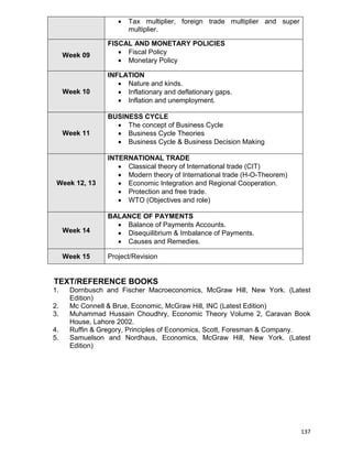 137
 Tax multiplier, foreign trade multiplier and super
multiplier.
Week 09
FISCAL AND MONETARY POLICIES
 Fiscal Policy
 Monetary Policy
Week 10
INFLATION
 Nature and kinds.
 Inflationary and deflationary gaps.
 Inflation and unemployment.
Week 11
BUSINESS CYCLE
 The concept of Business Cycle
 Business Cycle Theories
 Business Cycle & Business Decision Making
Week 12, 13
INTERNATIONAL TRADE
 Classical theory of International trade (CIT)
 Modern theory of International trade (H-O-Theorem)
 Economic Integration and Regional Cooperation.
 Protection and free trade.
 WTO (Objectives and role)
Week 14
BALANCE OF PAYMENTS
 Balance of Payments Accounts.
 Disequilibrium & Imbalance of Payments.
 Causes and Remedies.
Week 15 Project/Revision
TEXT/REFERENCE BOOKS
1. Dornbusch and Fischer Macroeconomics, McGraw Hill, New York. (Latest
Edition)
2. Mc Connell & Brue, Economic, McGraw Hill, INC (Latest Edition)
3. Muhammad Hussain Choudhry, Economic Theory Volume 2, Caravan Book
House, Lahore 2002.
4. Ruffin & Gregory, Principles of Economics, Scott, Foresman & Company.
5. Samuelson and Nordhaus, Economics, McGraw Hill, New York. (Latest
Edition)
 