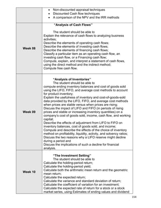 154
 Non-discounted appraisal techniques
 Discounted Cash flow techniques
 A comparison of the NPV and the IRR methods
Week 08
“Analysis of Cash Flows’’
The student should be able to
Explain the relevance of cash flows to analyzing business
activities;
Describe the elements of operating cash flows;
Describe the elements of investing cash flows;
Describe the elements of financing cash flows;
Classify a particular item as an operating cash flow, an
investing cash flow, or a Financing cash flow;
Compute, explain, and interpret a statement of cash flows,
using the direct method and the indirect method;
Compute free cash flow.
Week 09
“Analysis of Inventories’’
The student should be able to
compute ending inventory balances and cost of goods sold
using the LIFO, FIFO, and average cost methods to account
for product inventory;
Explain the usefulness of inventory and cost-of-goods-sold
data provided by the LIFO, FIFO, and average cost methods
when prices are stable versus when prices are rising;
Discuss the impact of LIFO and FIFO (in periods of rising
prices and stable or increasing inventory quantities) on a
company‟s cost of goods sold, income, cash flow, and working
capital;
Describe the effects of adjustment from LIFO to FIFO on
inventory balances, cost of goods sold, and income;
Compute and describe the effects of the choice of inventory
method on profitability, liquidity, activity, and solvency ratios;
Discuss the two reasons why a LIFO reserve might decline
during a period and
Discuss the implications of such a decline for financial
analysis.
Week 10
“The Investment Setting’’
The student should be able to
Calculate the holding-period return;
Calculate the holding-period yield;
Calculate both the arithmetic mean return and the geometric
mean return;
Calculate the expected return;
Calculate the variance and standard deviation of return;
Calculate the coefficient of variation for an investment;
Calculate the expected rate of return for a stock or a stock
market series, using Estimates of ending values and dividend
 