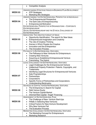 162
 Competitor Analysis
WEEK 03
UNDERSTANDING STRATEGIC ISSUES IN BUSINESS PLAN DEVELOPMENT
 STP Strategies
 Marketing Mix Strategies
WEEK 04
UNDERSTANDING THE ENTREPRENEURIAL PERSPECTIVE IN INDIVIDUALS
 The Entrepreneurial Perspective
 The Dark side of Entrepreneurship
 Entrepreneurial Motivation
ENTREPRENEURIAL PERSPECTIVE IN ORGANIZATIONS – CORPORATE
ENTREPRENEURSHIP
SOCIAL ENTREPRENEURSHIP AND THE ETHICAL CHALLENGES OF
ENTREPRENEURSHIP
WEEK 05
INNOVATION: THE CREATIVE PURSUIT OF IDEAS
 Opportunity Identification: The search for New Ideas
 Entrepreneurial Imagination and Creativity
 The role of Creative Thinking
 Arenas in Which People Are Creative
 Innovation and the Entrepreneur
 The Innovation Process
WEEK 06
PATHWAYS TO ENTREPRENEURIAL VENTURES
 The Pathways to New Ventures for Entrepreneurs
 Creating New Ventures
 Acquiring an Established Entrepreneurial Venture
 Franchising: The Hybrid
WEEK 07
LEGAL CHALLENGES FOR ENTREPRENEURIAL VENTURES
 Legal Challenges for the Entrepreneurial Venture
 Intellectual Property Protection: Patents, Copyrights, and
Trademarks
 Identifying Legal Structures for Entrepreneurial Ventures
 Sole Proprietorships
 Partnerships
 Corporations
 Specific Forms of Partnerships and Corporations
 Understanding Bankruptcy
WEEK 08
SOURCES OF CAPITAL FOR ENTREPRENEURIAL VENTURES
 The Entrepreneur‟s Search for Capital
 Debt Versus Equity
 The Venture Capital Market
 Informal Risk Capital: “Angel” Financing
WEEK 09
ASSESSMENT OF ENTREPRENEURIAL PLAN
 The Challenge of New- Venture Start-Ups
 Pitfalls in Selecting New Ventures
 Critical Factors for New-Venture Development
 Why New Ventures Fail
 The Evaluation Process
MARKETING CHALLENGES FOR ENTREPRENEURIAL VENTURES
 The Marketing Concept for Entrepreneurs
 Marketing Research
 