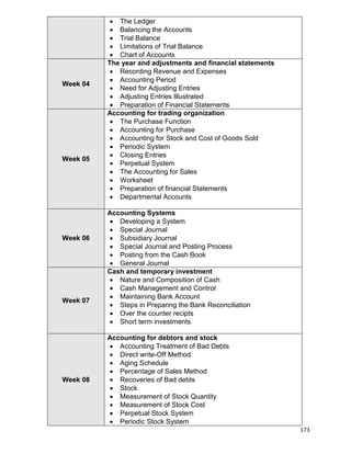 173
 The Ledger
 Balancing the Accounts
 Trial Balance
 Limitations of Trial Balance
 Chart of Accounts
Week 04
The year and adjustments and financial statements
 Recording Revenue and Expenses
 Accounting Period
 Need for Adjusting Entries
 Adjusting Entries Illustrated
 Preparation of Financial Statements
Week 05
Accounting for trading organization
 The Purchase Function
 Accounting for Purchase
 Accounting for Stock and Cost of Goods Sold
 Periodic System
 Closing Entries
 Perpetual System
 The Accounting for Sales
 Worksheet
 Preparation of financial Statements
 Departmental Accounts
Week 06
Accounting Systems
 Developing a System
 Special Journal
 Subsidiary Journal
 Special Journal and Posting Process
 Posting from the Cash Book
 General Journal
Week 07
Cash and temporary investment
 Nature and Composition of Cash
 Cash Management and Control
 Maintaining Bank Account
 Steps in Preparing the Bank Reconciliation
 Over the counter recipts
 Short term investments
Week 08
Accounting for debtors and stock
 Accounting Treatment of Bad Debts
 Direct write-Off Method
 Aging Schedule
 Percentage of Sales Method
 Recoveries of Bad debts
 Stock
 Measurement of Stock Quantity
 Measurement of Stock Cost
 Perpetual Stock System
 Periodic Stock System
 
