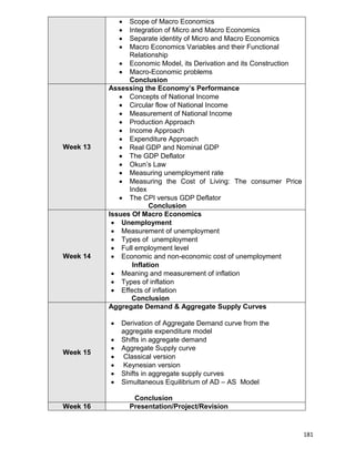 181
 Scope of Macro Economics
 Integration of Micro and Macro Economics
 Separate identity of Micro and Macro Economics
 Macro Economics Variables and their Functional
Relationship
 Economic Model, its Derivation and its Construction
 Macro-Economic problems
Conclusion
Week 13
Assessing the Economy’s Performance
 Concepts of National Income
 Circular flow of National Income
 Measurement of National Income
 Production Approach
 Income Approach
 Expenditure Approach
 Real GDP and Nominal GDP
 The GDP Deflator
 Okun‟s Law
 Measuring unemployment rate
 Measuring the Cost of Living: The consumer Price
Index
 The CPI versus GDP Deflator
Conclusion
Week 14
Issues Of Macro Economics
 Unemployment
 Measurement of unemployment
 Types of unemployment
 Full employment level
 Economic and non-economic cost of unemployment
 Inflation
 Meaning and measurement of inflation
 Types of inflation
 Effects of inflation
Conclusion
Week 15
Aggregate Demand & Aggregate Supply Curves
 Derivation of Aggregate Demand curve from the
aggregate expenditure model
 Shifts in aggregate demand
 Aggregate Supply curve
 Classical version
 Keynesian version
 Shifts in aggregate supply curves
 Simultaneous Equilibrium of AD – AS Model
Conclusion
Week 16 Presentation/Project/Revision
 
