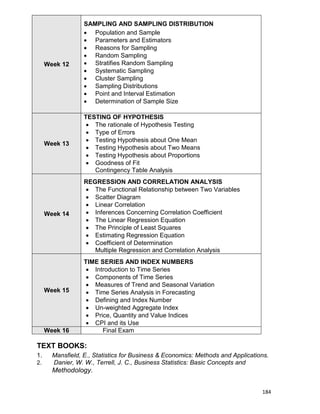 184
Week 12
SAMPLING AND SAMPLING DISTRIBUTION
 Population and Sample
 Parameters and Estimators
 Reasons for Sampling
 Random Sampling
 Stratifies Random Sampling
 Systematic Sampling
 Cluster Sampling
 Sampling Distributions
 Point and Interval Estimation
 Determination of Sample Size
Week 13
TESTING OF HYPOTHESIS
 The rationale of Hypothesis Testing
 Type of Errors
 Testing Hypothesis about One Mean
 Testing Hypothesis about Two Means
 Testing Hypothesis about Proportions
 Goodness of Fit
Contingency Table Analysis
Week 14
REGRESSION AND CORRELATION ANALYSIS
 The Functional Relationship between Two Variables
 Scatter Diagram
 Linear Correlation
 Inferences Concerning Correlation Coefficient
 The Linear Regression Equation
 The Principle of Least Squares
 Estimating Regression Equation
 Coefficient of Determination
Multiple Regression and Correlation Analysis
Week 15
TIME SERIES AND INDEX NUMBERS
 Introduction to Time Series
 Components of Time Series
 Measures of Trend and Seasonal Variation
 Time Series Analysis in Forecasting
 Defining and Index Number
 Un-weighted Aggregate Index
 Price, Quantity and Value Indices
 CPI and its Use
Week 16 Final Exam
TEXT BOOKS:
1. Mansfield, E., Statistics for Business & Economics: Methods and Applications.
2. Danier, W. W., Terrell, J. C., Business Statistics: Basic Concepts and
Methodology.
 