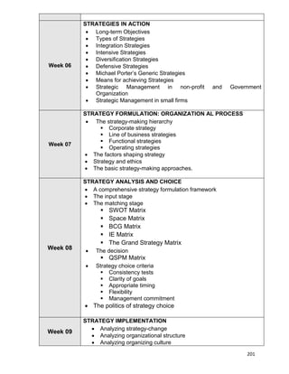 201
Week 06
STRATEGIES IN ACTION
 Long-term Objectives
 Types of Strategies
 Integration Strategies
 Intensive Strategies
 Diversification Strategies
 Defensive Strategies
 Michael Porter‟s Generic Strategies
 Means for achieving Strategies
 Strategic Management in non-profit and Government
Organization
 Strategic Management in small firms
Week 07
STRATEGY FORMULATION: ORGANIZATION AL PROCESS
 The strategy-making hierarchy
 Corporate strategy
 Line of business strategies
 Functional strategies
 Operating strategies
 The factors shaping strategy
 Strategy and ethics
 The basic strategy-making approaches.
Week 08
STRATEGY ANALYSIS AND CHOICE
 A comprehensive strategy formulation framework
 The input stage
 The matching stage
 SWOT Matrix
 Space Matrix
 BCG Matrix
 IE Matrix
 The Grand Strategy Matrix
 The decision
 QSPM Matrix
 Strategy choice criteria
 Consistency tests
 Clarity of goals
 Appropriate timing
 Flexibility
 Management commitment
 The politics of strategy choice
Week 09
STRATEGY IMPLEMENTATION
 Analyzing strategy-change
 Analyzing organizational structure
 Analyzing organizing culture
 
