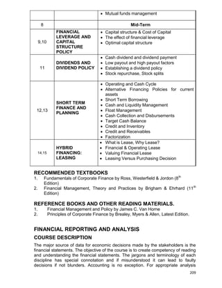 209
 Mutual funds management
8 Mid-Term
9,10
FINANCIAL
LEVERAGE AND
CAPITAL
STRUCTURE
POLICY
 Capital structure & Cost of Capital
 The effect of financial leverage
 Optimal capital structure
11
DIVIDENDS AND
DIVIDEND POLICY
 Cash dividend and dividend payment
 Low payout and high payout factors
 Establishing a dividend policy
 Stock repurchase, Stock splits
12,13
SHORT TERM
FINANCE AND
PLANNING
 Operating and Cash Cycle
 Alternative Financing Policies for current
assets
 Short Term Borrowing
 Cash and Liquidity Management
 Float Management
 Cash Collection and Disbursements
 Target Cash Balance
 Credit and Inventory
 Credit and Receivables
 Factorization
14,15
HYBRID
FINANCING:
LEASING
 What is Lease, Why Lease?
 Financial & Operating Lease
 Valuing Financial Lease
 Leasing Versus Purchasing Decision
RECOMMENDED TEXTBOOKS
1. Fundamentals of Corporate Finance by Ross, Westerfield & Jordon (8th
Edition)
2. Financial Management, Theory and Practices by Brigham & Ehrhard (11th
Edition)
REFERENCE BOOKS AND OTHER READING MATERIALS.
1. Financial Management and Policy by James C. Van Horne
2. Principles of Corporate Finance by Brealey, Myers & Allen, Latest Edition.
FINANCIAL REPORTING AND ANALYSIS
COURSE DESCRIPTION
The major source of data for economic decisions made by the stakeholders is the
financial statements. The objective of the course is to create competency of reading
and understanding the financial statements. The jargons and terminology of each
discipline has special connotation and if misunderstood it can lead to faulty
decisions if not blunders. Accounting is no exception. For appropriate analysis
 